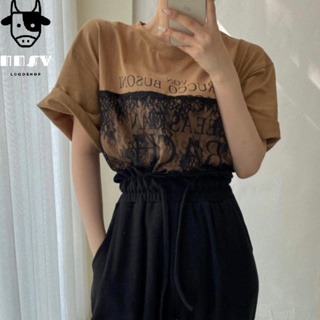 牛奶少女[氣質出眾]韓國chic夏季新款顯瘦氣質設計感蕾絲拼接字母印花上衣短袖T恤女