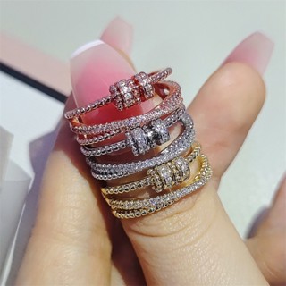 新品鋯石開口戒指女多層交叉指環旋轉ins風