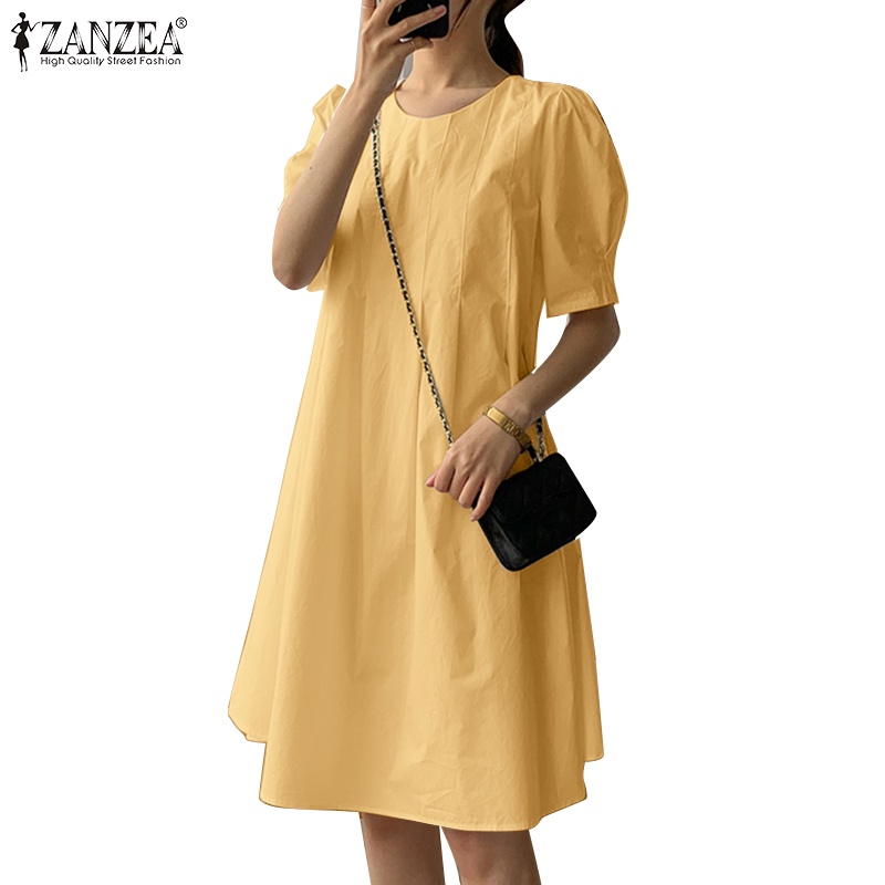 Zanzea 女式韓版日常甜美泡泡袖半袖 O 領連衣裙