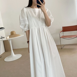 📣📣主流女裝✔️白色洋裝👗短袖洋裝👗連身裙 韓國chic極簡主義燈籠袖拼接鏤空刺繡花百褶收腰顯瘦中長款洋裝女 正韓洋裝