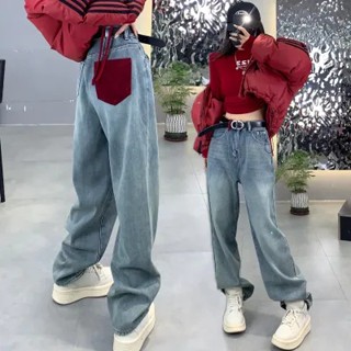 款春季牛仔褲女寬鬆顯瘦紅色褲兜韓版高腰復古拖地直筒褲 小直筒牛仔褲顯瘦落地褲 女生褲子超 伸縮牛黑