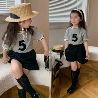 韓國童裝 女童套裝 韓版 兒童洋氣套裝 女寶洋裝 新款 條紋短袖上衣 黑色短褲 小女孩 夏季休閒兩件套