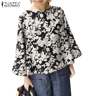 Zanzea 女式韓版日常休閒蝙蝠領花卉印花喇叭袖襯衫