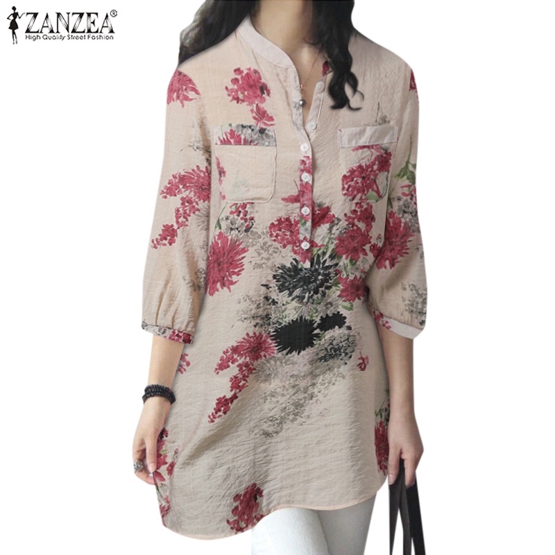 Zanzea 女式日常韓版深色印花 3/4 袖小立領口袋襯衫