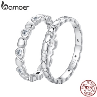 Bamoer 925 純銀心形行和簡約單指戒指時尚首飾週年紀念禮物女士