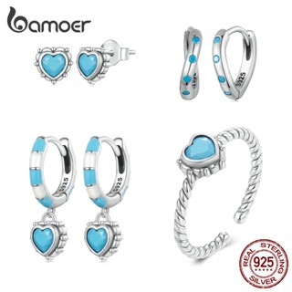 Bamoer 925 純銀海洋之心系列珠寶套裝心形耳環和戒指時尚女性禮物