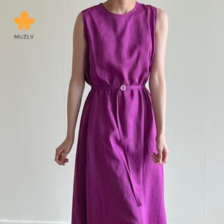 MUZV【簡約高級】韓國夏季新款設計感小眾薄款無袖長款抽繩長款棉麻法式洋裝長裙