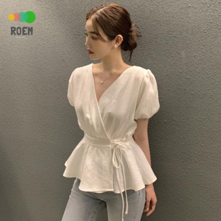 ROVE[輕奢高級]韓國chic夏季法式復古交叉V領抽繩收腰拼接荷葉邊泡泡袖襯衫上衣