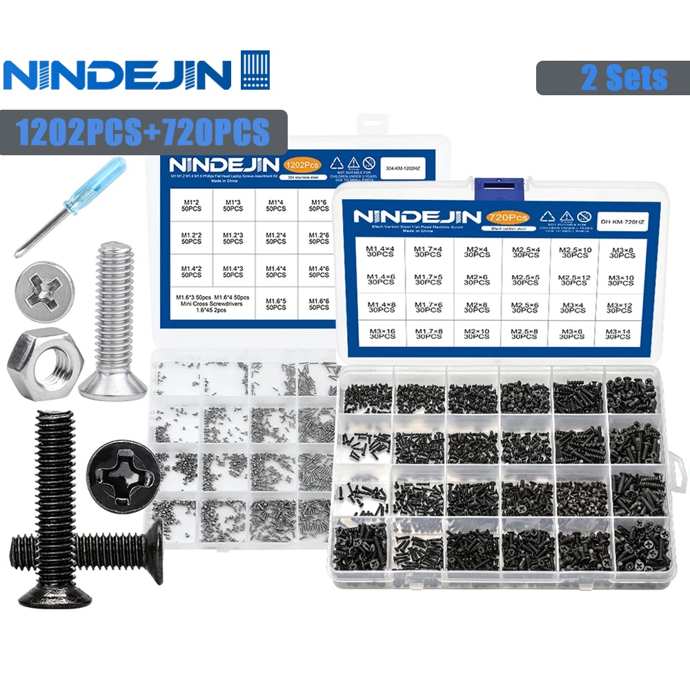 Nindejin 1202 件筆記本電腦平頭十字螺絲組 M1-M1.6 不銹鋼 720 件黑色微型螺絲套件 M1.4-M