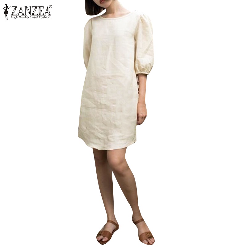 Zanzea 女士歐洲 3/4 袖泡泡袖純色休閒寬鬆連衣裙