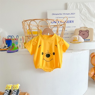 0-2歲寶寶衣服卡通黃熊印花舒適純棉短袖連身衣