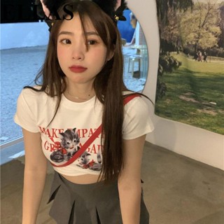 【ELLAS】小貓咪短袖T恤女 辣妹性感短版上衣 韓國白色印花t恤 小個子緊身短袖上衣