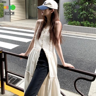 ROVE[輕奢高級]韓國chic夏季法式氣質方領露鎖骨拼接蕾絲開叉收腰吊帶洋裝洋裝女