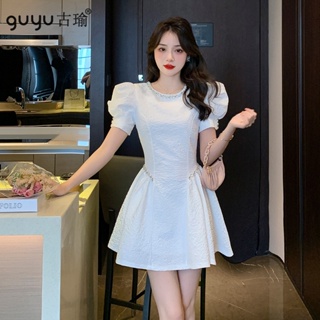 短袖洋裝【快速出貨】2023新款嬌小白洋裝提花小禮服短板連身裙