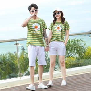 情人島-情侶裝 條紋T恤 套裝 沙灘裝 時尚潮流夏季男女休閒套裝