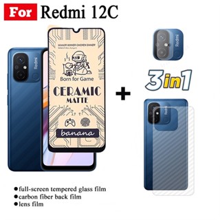 3 合 1 Redmi 12C 全覆蓋陶瓷鋼化玻璃螢幕保護膜適用於 Redmi 10C 10A 9A 9C 9T Red