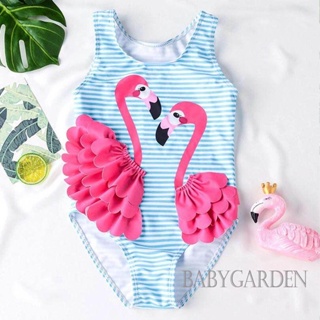 Babygarden-6m-4y 女嬰 3D 天鵝條紋印花無袖彈力圓領連體泳衣