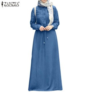 Zanzea 女士穆斯林街頭時尚領工裝包拉繩牛仔長襯衫裙