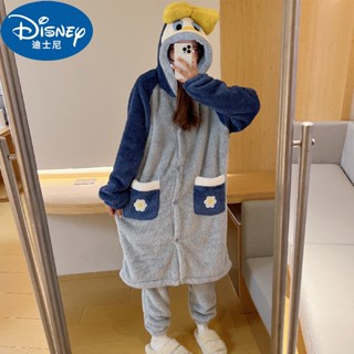 卡哇伊迪士尼動漫冬季唐老鴨珊瑚絨睡衣套裝卡通女孩家居服毛絨加厚長款連帽
