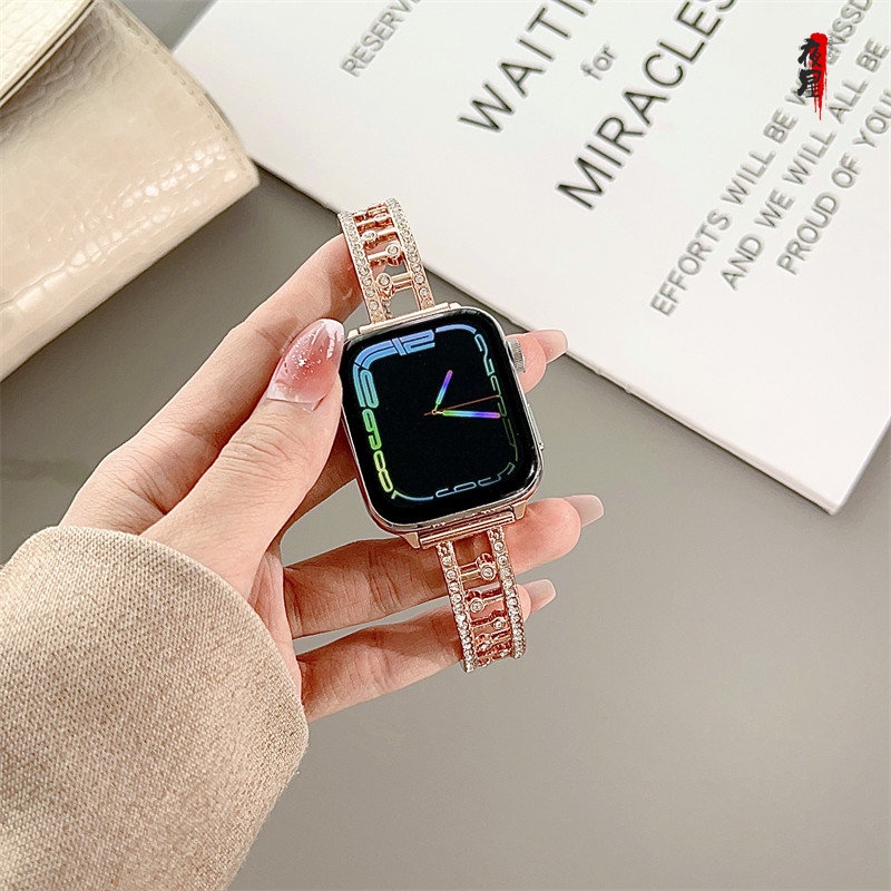 鑲鑽梯形手鐲錶帶 適用 apple watch 蘋果錶帶 iwatch SE 1-9代通用 Ultra 奢華時尚錶帶
