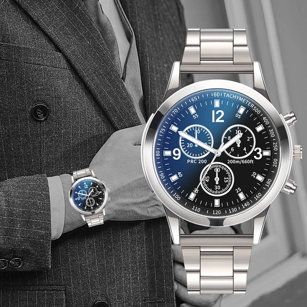 炫彩藍光玻璃三眼鋼帶手錶 男 石英錶禮品男士手錶