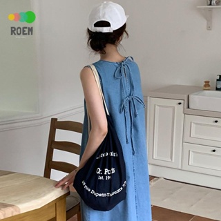 ROEV[氣質女神]韓國chic夏季法式復古圓領後背抽繩蝴蝶結寬鬆無袖背心牛仔洋裝洋裝