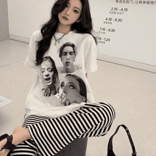 【ELLAS】時尚套裝女oversize美式復古高街短袖印花t恤女高腰條紋闊腿褲兩件套