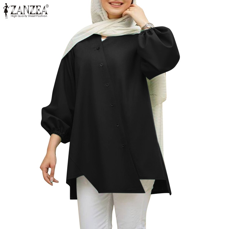 Zanzea 女式穆斯林不規則下擺翻邊橡膠 V 領襯衫