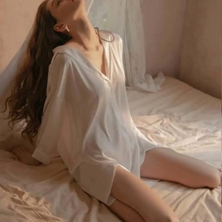 性感睡衣夏季女長袖睡衣薄款男友睡衣純欲風襯衫大尺碼冰絲睡衣白色誘惑睡裙春秋