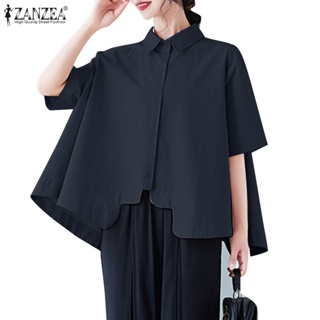 Zanzea 女式韓版短袖有領鈕扣襯衫不規則下擺襯衫