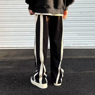黑白條紋褲子男春季高街設計感闊腿休閒長褲潮牌hiphop直筒運動褲