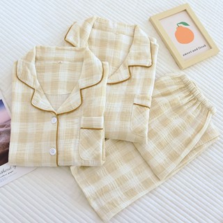 新款100%純棉情侶睡衣居家服套裝 格子居家服睡衣雙層水洗棉紗情侶家居服 四季薄款簡約休閒縐布長袖長褲