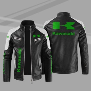 KAWASAKI LOGO皮外套 騎行車標個性印花 PU 大尺碼男士保暖防風夾克