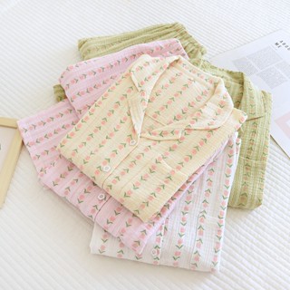 超柔軟100%純棉女生睡衣居家服雙層紗布新品家居服 全棉縐布長袖長褲睡衣女 透氣居家服套裝
