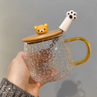 【魚仔精品】耐高溫玻璃杯馬克杯咖啡可愛男女學生情侶奶茶杯帶蓋勺花茶水杯子