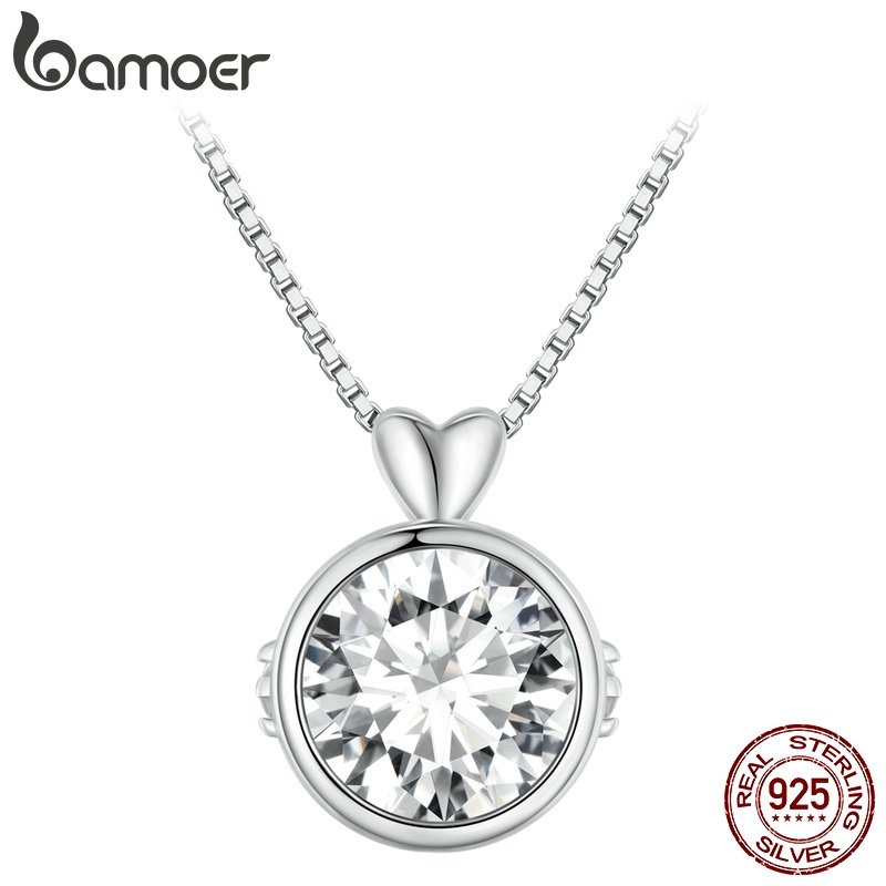 Bamoer 純銀 925 1 克拉莫桑石簡約設計帶心形和圓形吊墜項鍊首飾禮物女士 MSN013