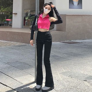 蔓莎💞2023新款 夏季微喇牛仔褲女高腰修身顯瘦顯高直筒學生百搭彈力垂感拖地喇叭長褲