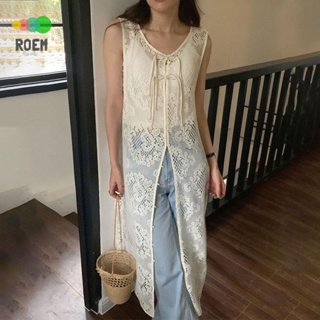 ROEV[氣質女神]韓國chic夏季法式氣質低圓領盤扣設計透視鏤空刺繡花開叉背心洋裝洋裝