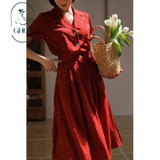 【GHGl】❤️清倉❤️ 法式復古波點紅裙子茶歇收腰長裙初戀西裝領紅色襯衫洋裝女夏季