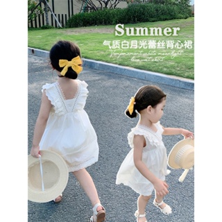 90-140cm 寶寶洋裝女童蕾絲洋裝韓版洋裝夏季背心裙無袖連身裙子白色公主洋裝蕾絲花邊裙子連身童裝蕾絲連身衣
