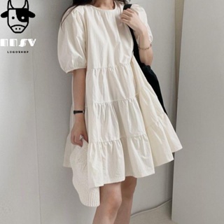 牛奶少女[氣質出眾]韓國chic夏季新款小清新圓領泡泡袖拼接中長款寬鬆型A字裙洋裝洋裝