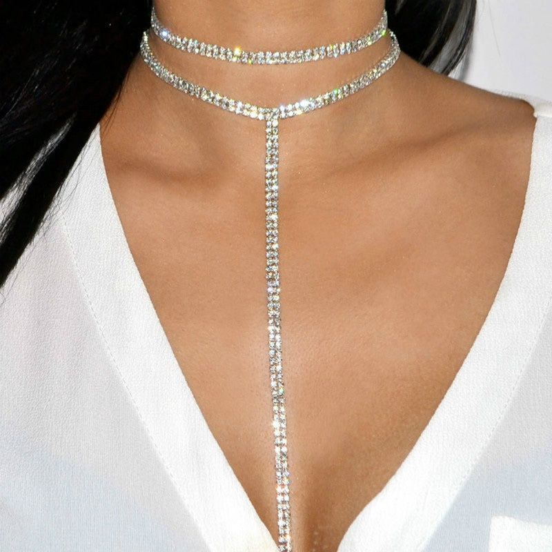 韓版T形性感超閃水晶滿鑽雙層頸鍊長款項鍊女鎖骨鏈夜店海邊配飾