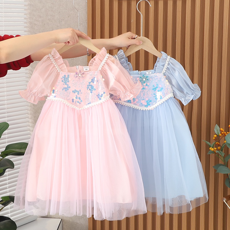 女童衣服夏季冰雪奇緣公主裙飛袖派對角色扮演嬰兒連衣裙