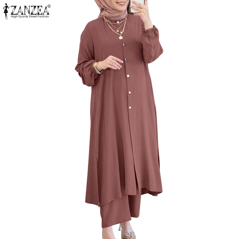 Zanzea 女士日常穆斯林袖口彈性下開衩 O 領上衣 + 鬆緊腰口袋 - 少長褲套裝