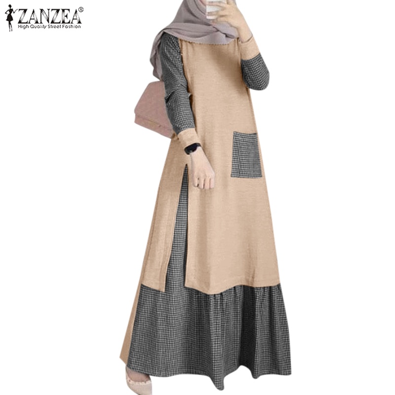 Zanzea 女式穆斯林日常休閒 O 領拼接假兩件式格子連衣裙