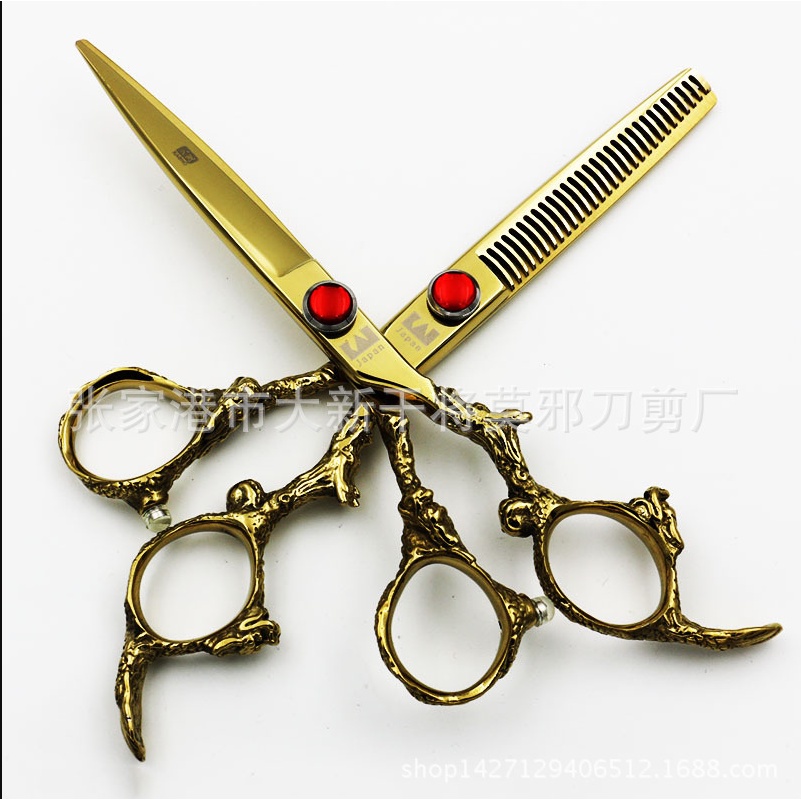 火匠金色怪龍紅寶石理髮剪刀，6英寸進口日本不鏽鋼平剪/牙剪  美髮剪刀