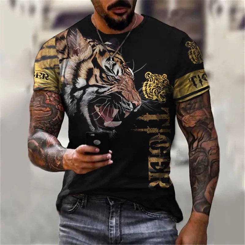 夏季男士 T 恤短款復古 T 恤動物圖案上衣原宿超大服裝老虎/獅子/熊印花 T 恤衣服