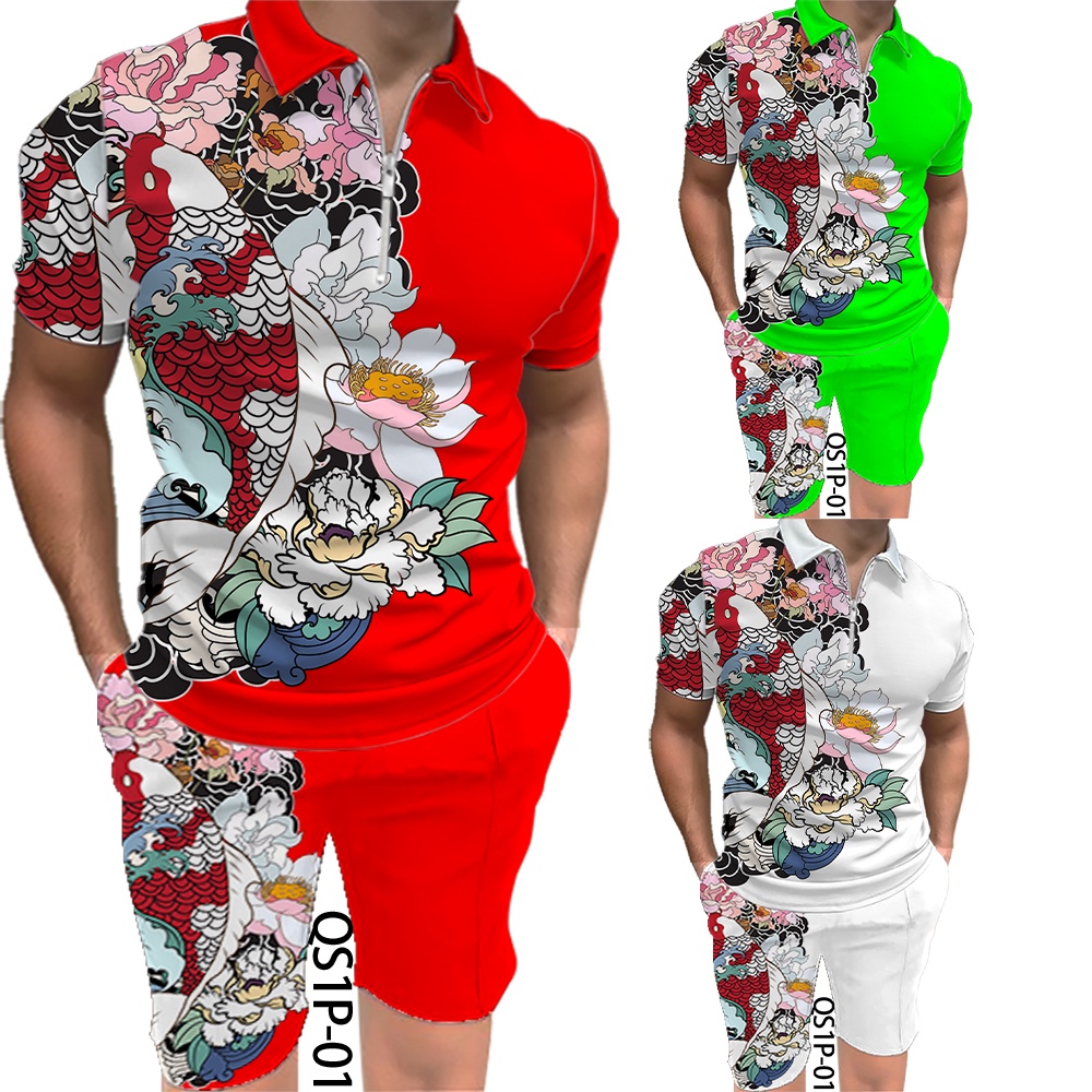 （工廠直銷）2023新款運動夏季男士短袖拉鍊polo衫套裝3D數位列印中國風套裝聚酯纖維舒適透氣T恤上衣寬鬆短褲