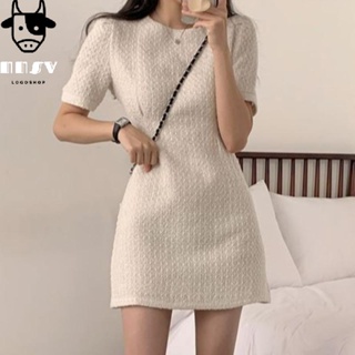 牛奶少女[氣質出眾]韓國chic夏季新款復古小香風氣質圓領短袖收腰包臀顯瘦洋裝洋裝女