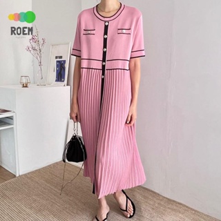 ROVE[輕奢高級]韓國chic優雅氣質圓領鑲邊撞色別緻金屬單排扣寬鬆短袖針織洋裝洋裝